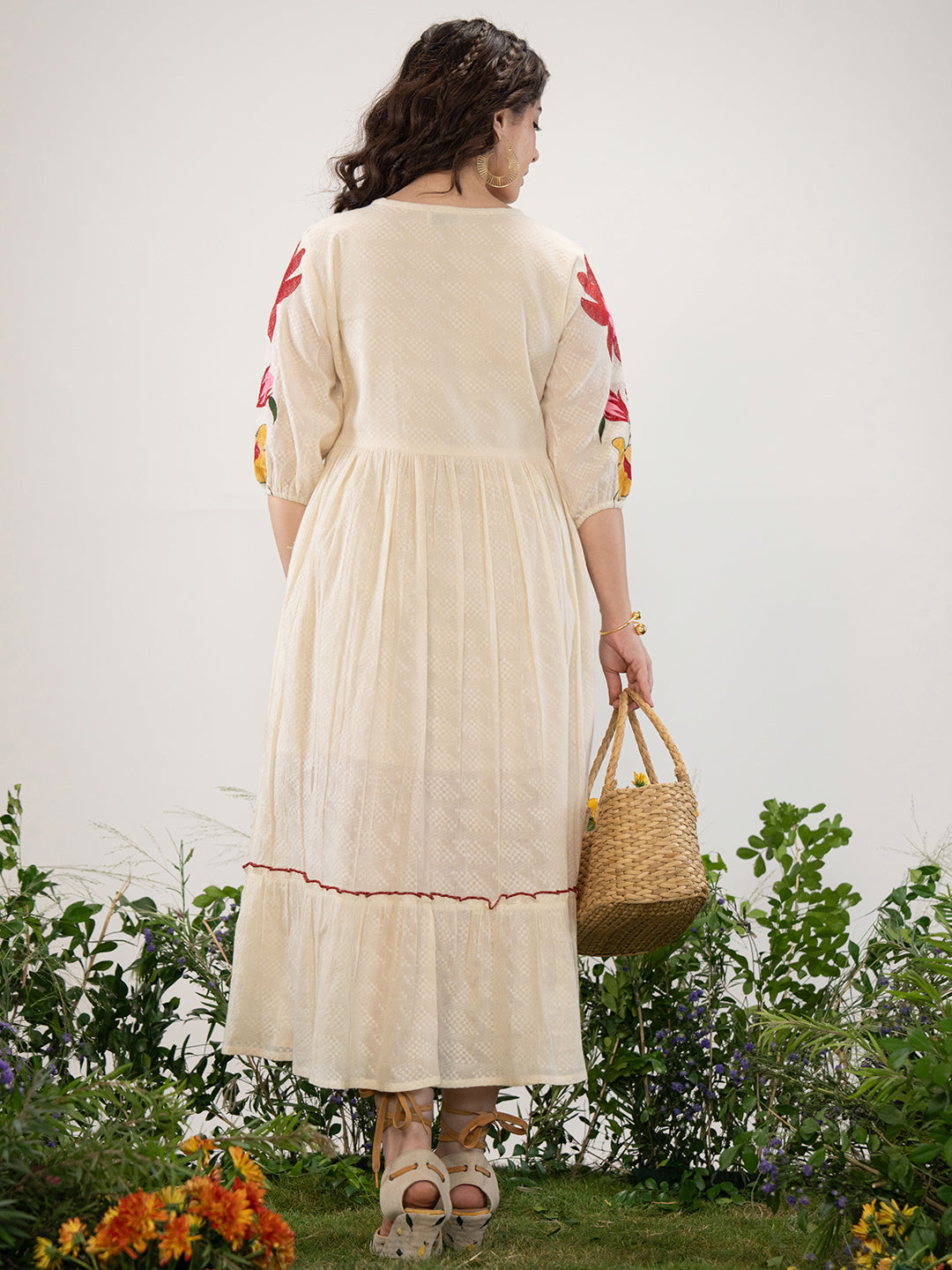 Off White Floral Embroidered Puff Sleeve Midi dress Zummer Off White Floral Embroidered Puff Sleeve Midi dress Zummer