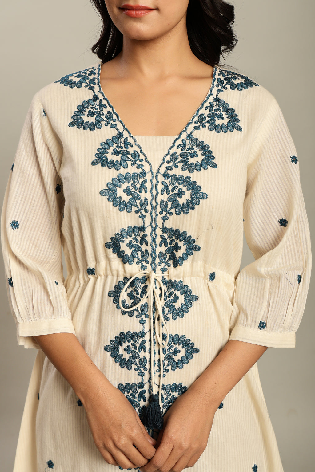 Cotton Off White Floral Embroidered A-Line Dress