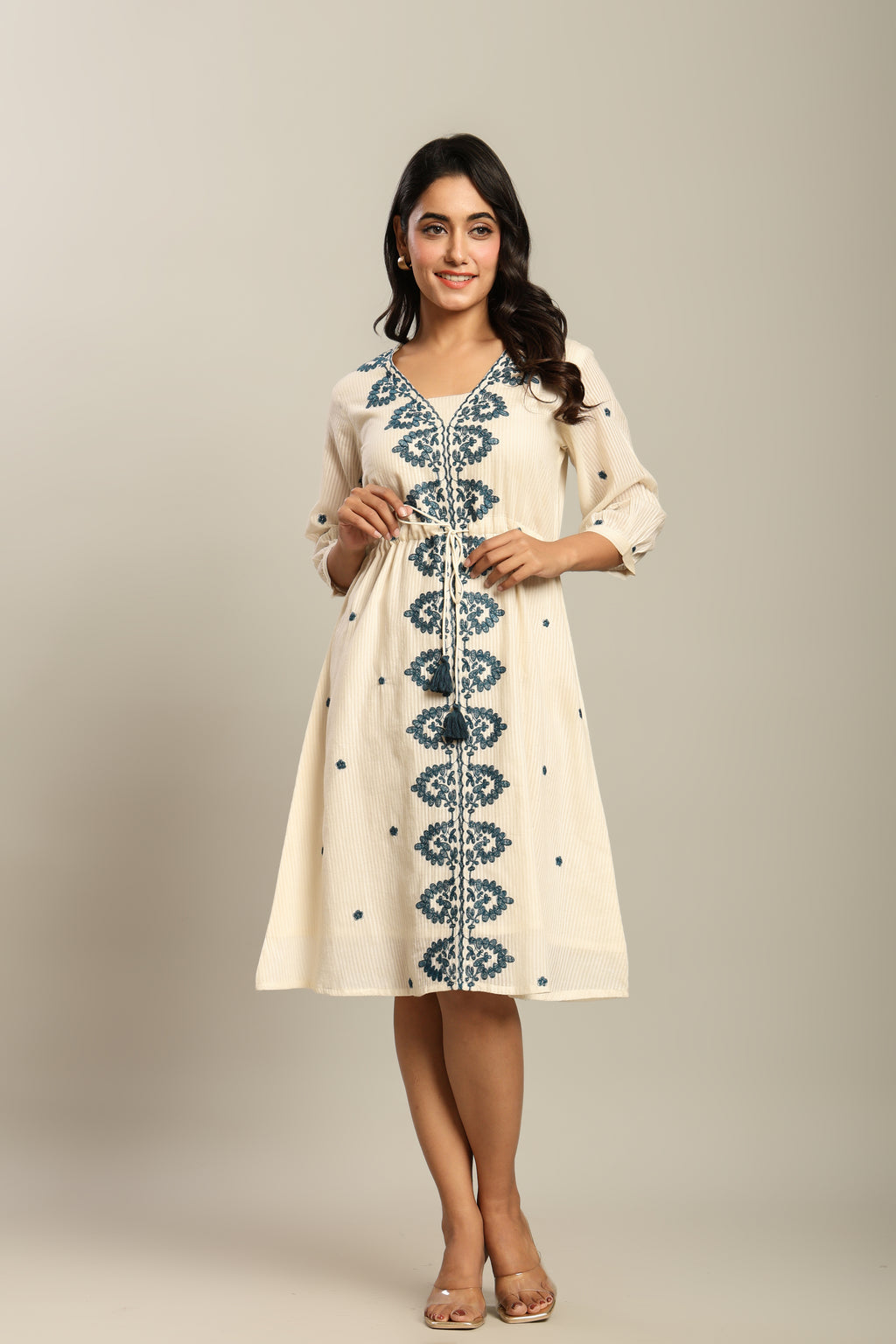Cotton Off White Floral Embroidered A-Line Dress