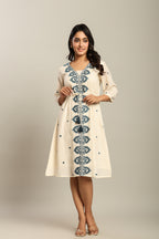 Cotton Off White Floral Embroidered A-Line Dress