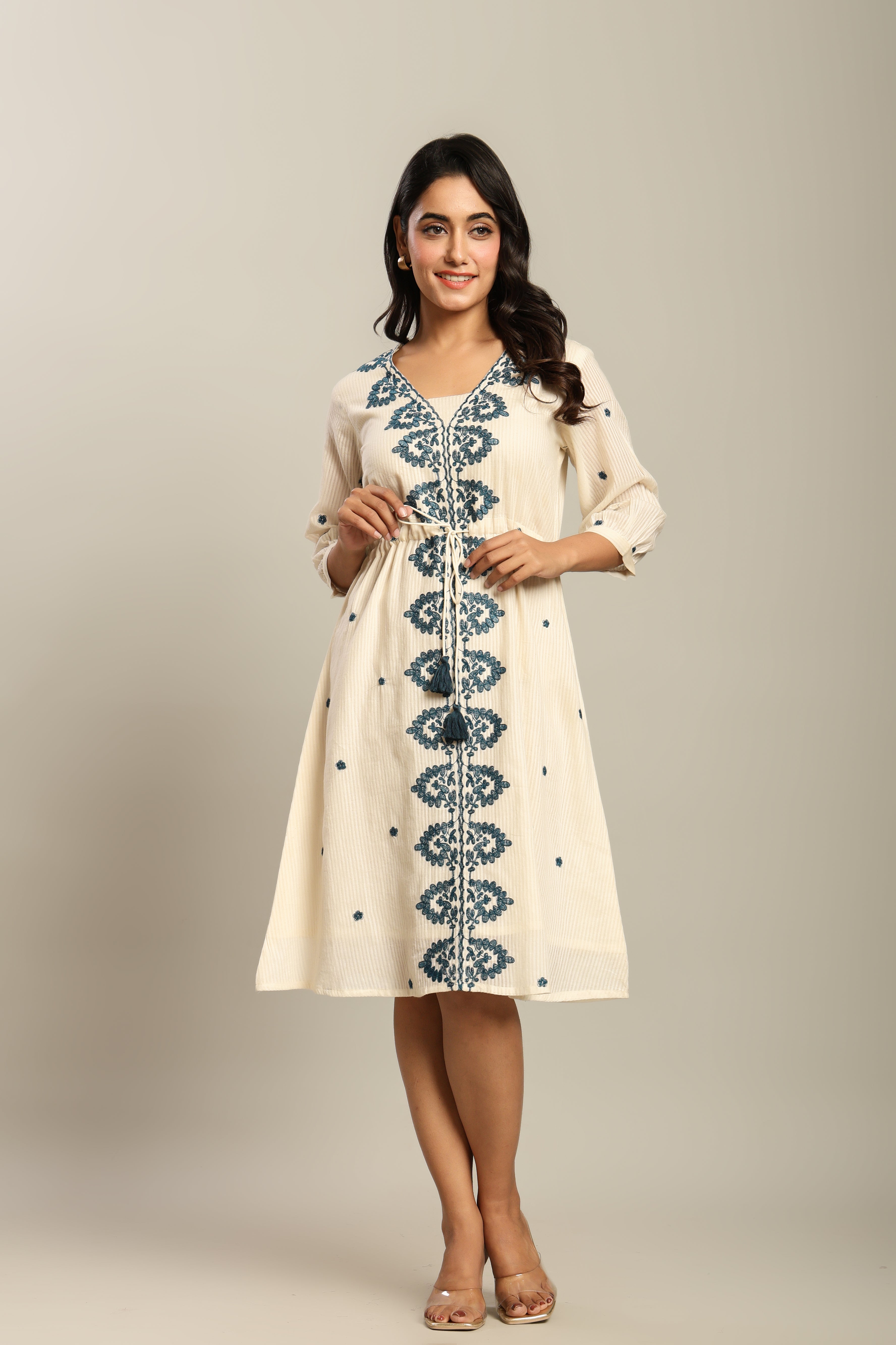 Cotton Off White Floral Embroidered A-Line Dress