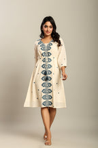 Cotton Off White Floral Embroidered A-Line Dress