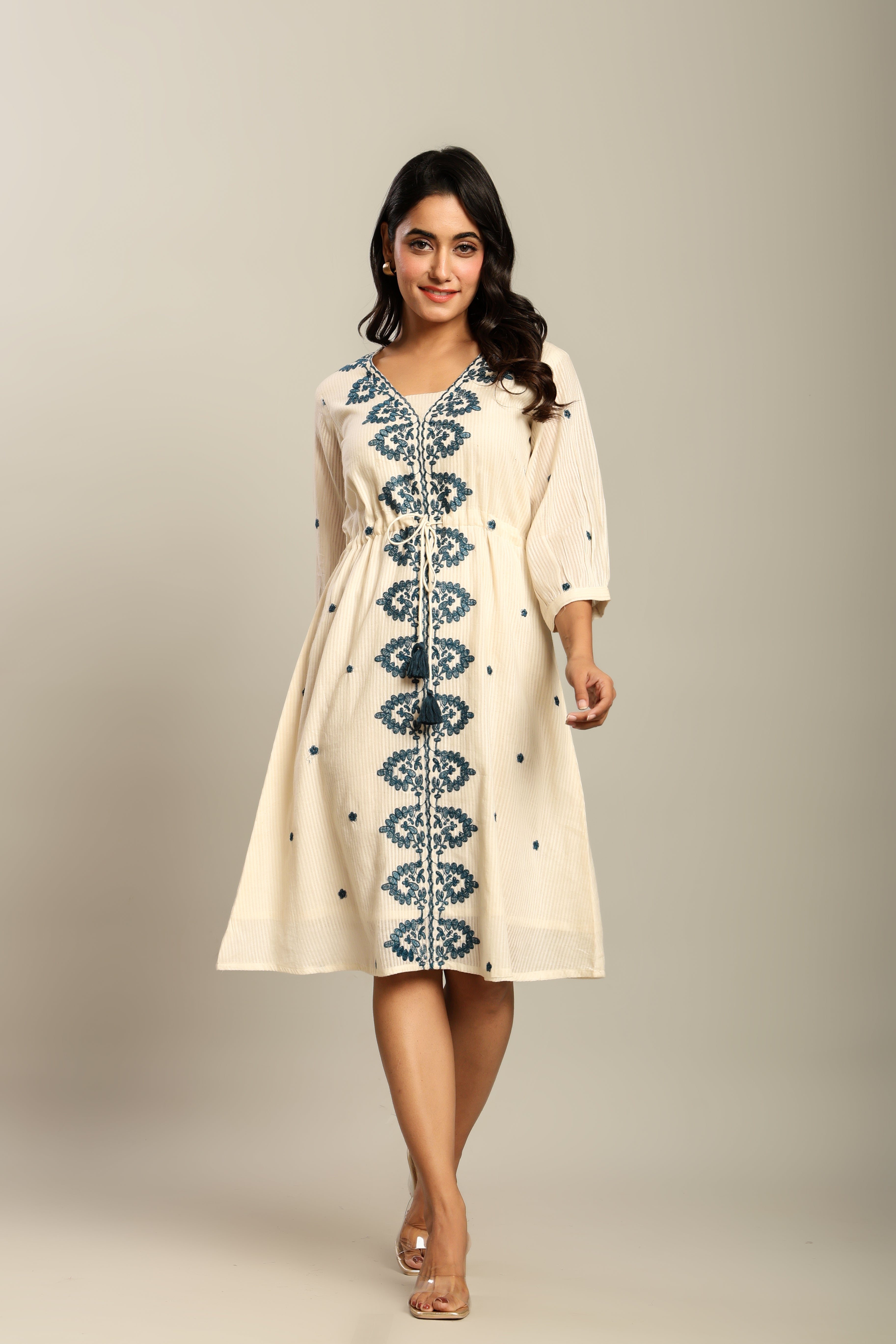 Cotton Off White Floral Embroidered A-Line Dress