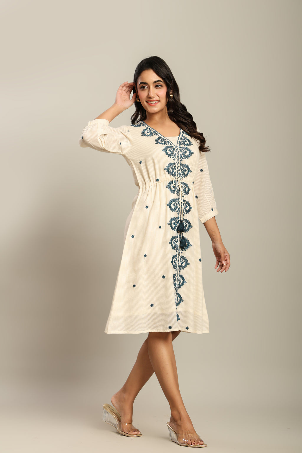 Cotton Off White Floral Embroidered A-Line Dress