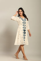 Cotton Off White Floral Embroidered A-Line Dress