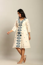 Cotton Off White Floral Embroidered A-Line Dress