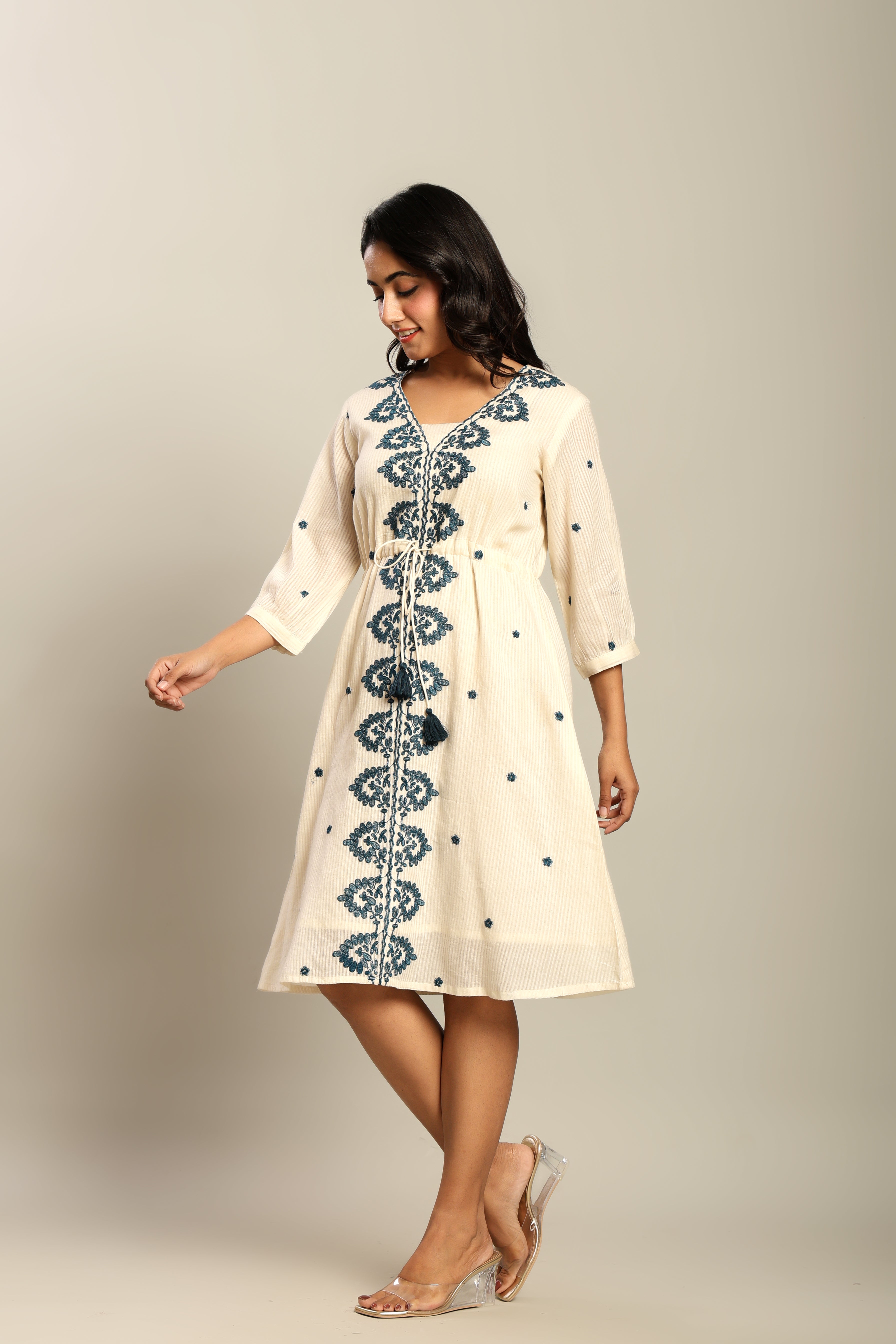 Cotton Off White Floral Embroidered A-Line Dress