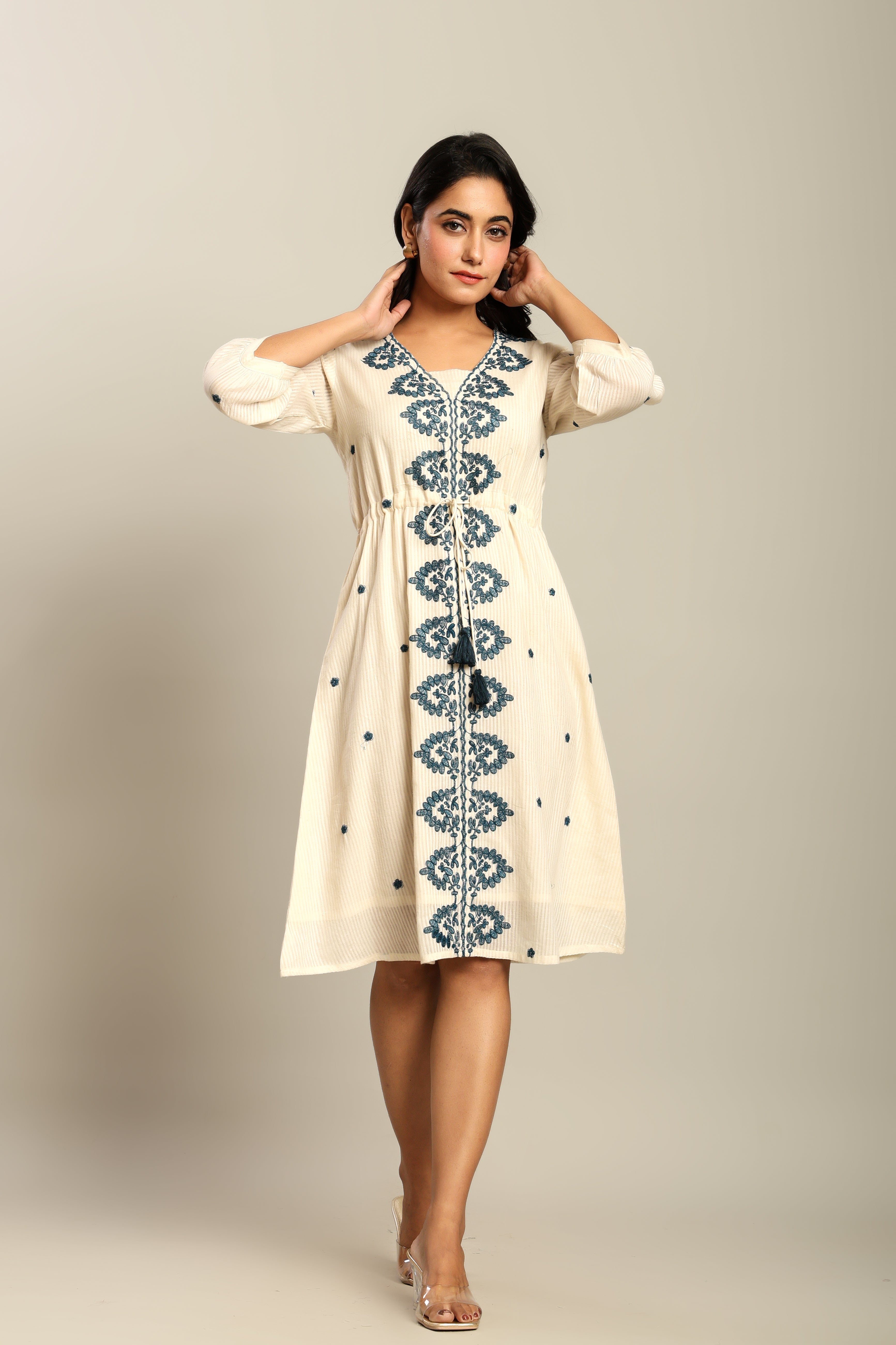 Cotton Off White Floral Embroidered A-Line Dress