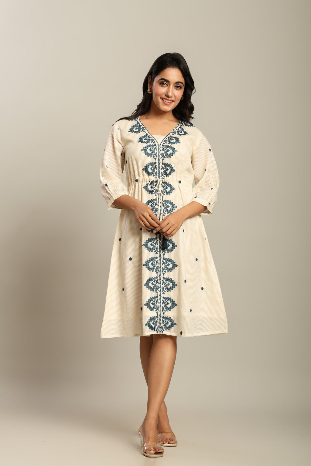 Cotton Off White Floral Embroidered A-Line Dress