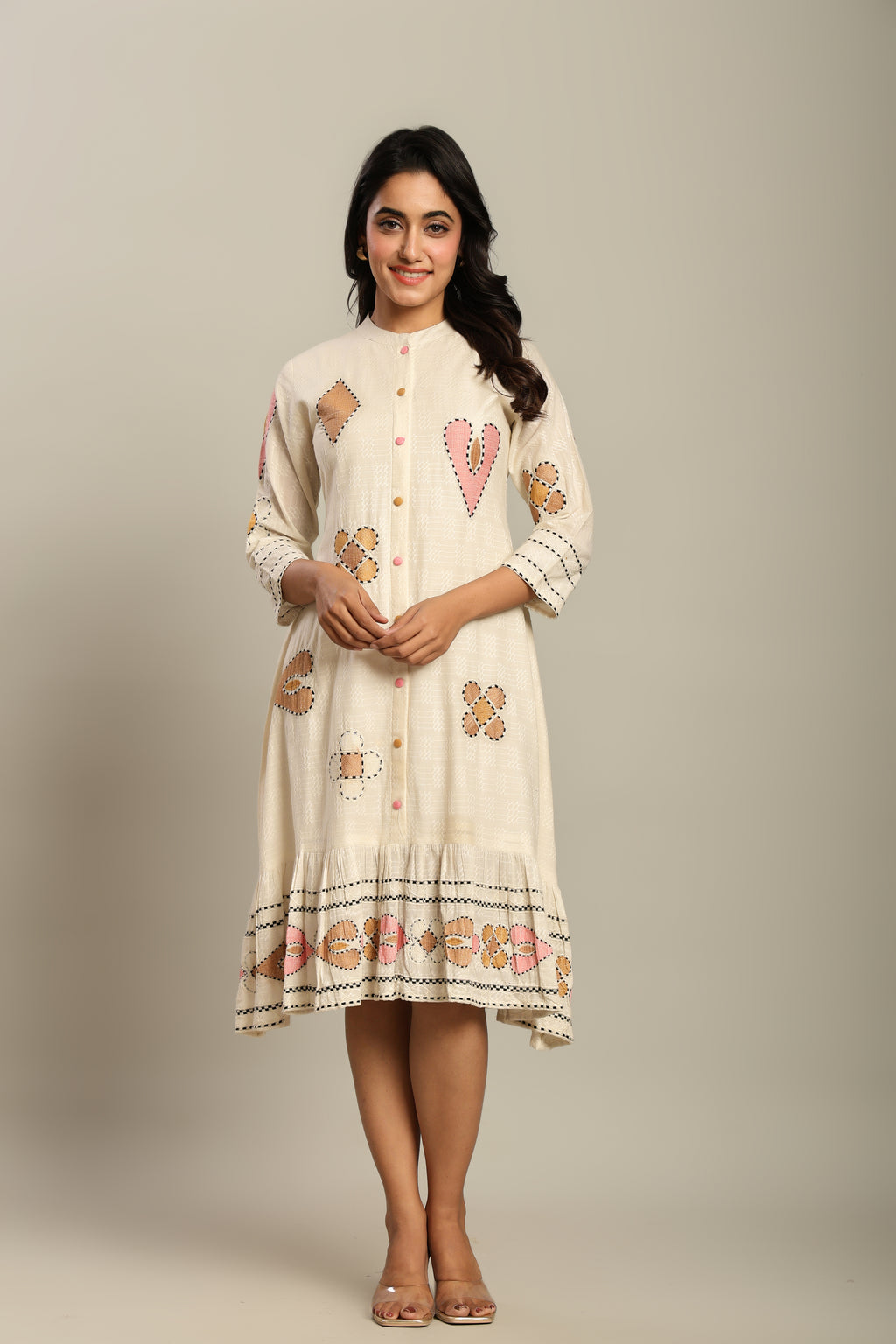 Cotton Off White Geometric Embroidered Midi Dress