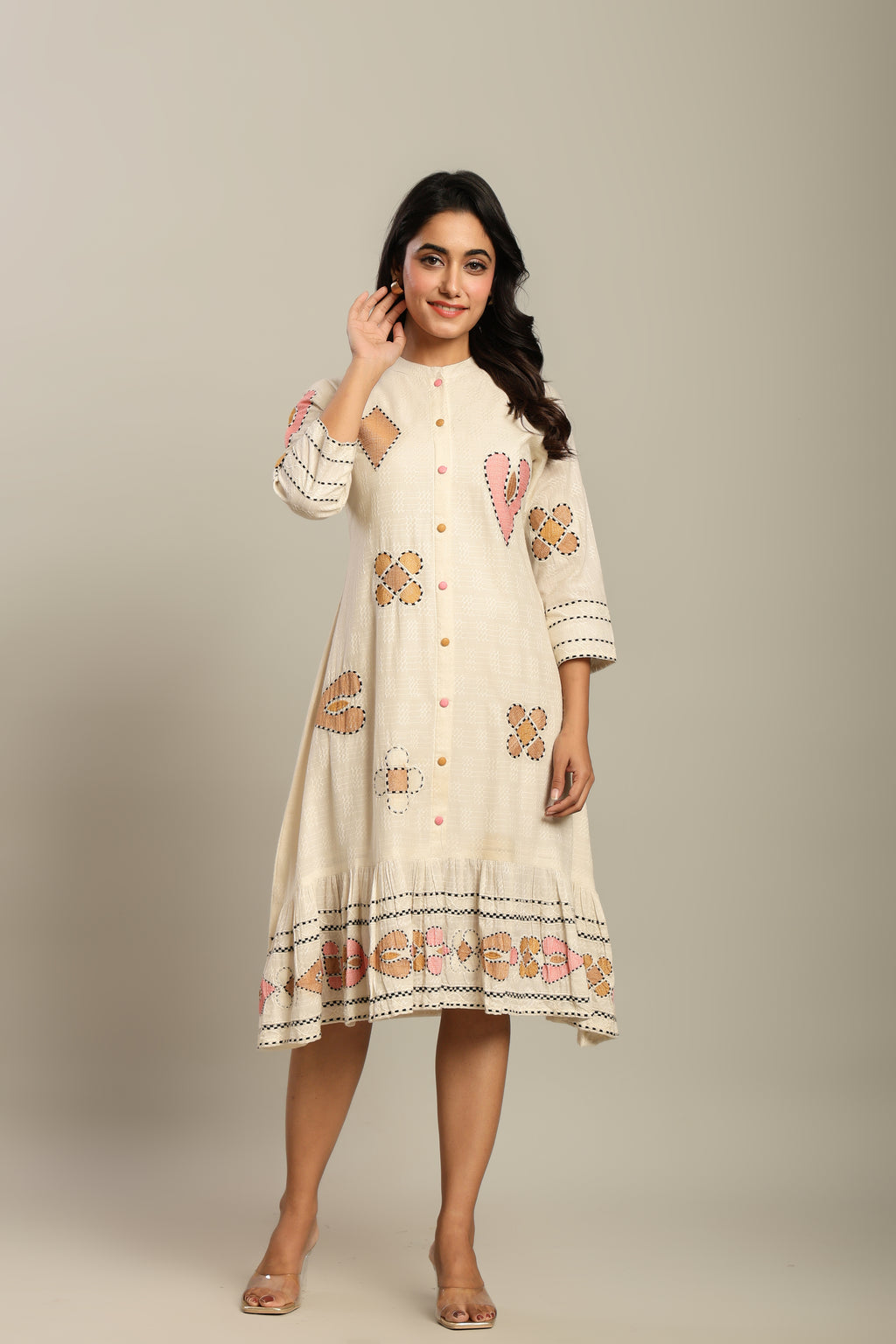 Cotton Off White Geometric Embroidered Midi Dress