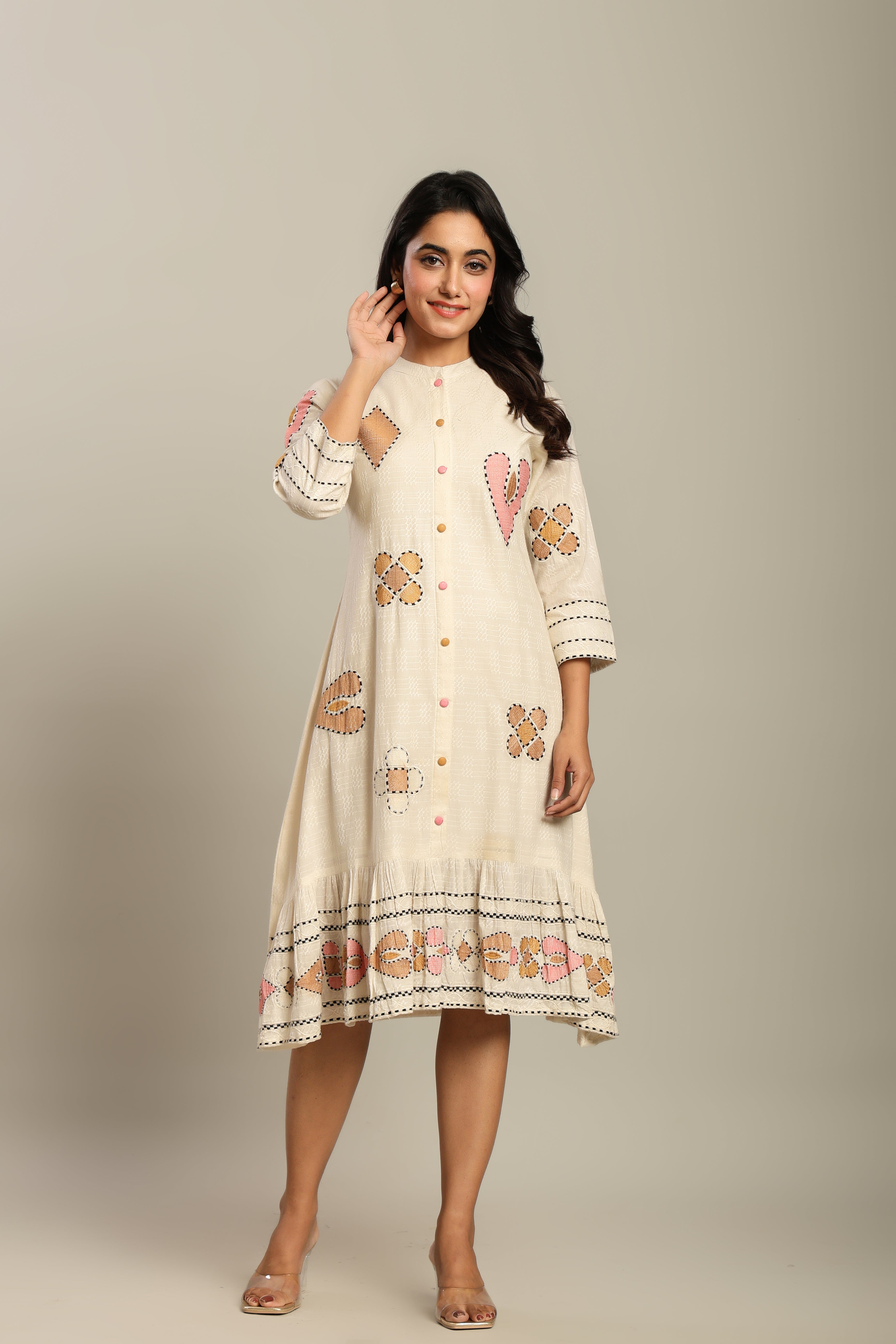 Cotton Off White Geometric Embroidered Midi Dress