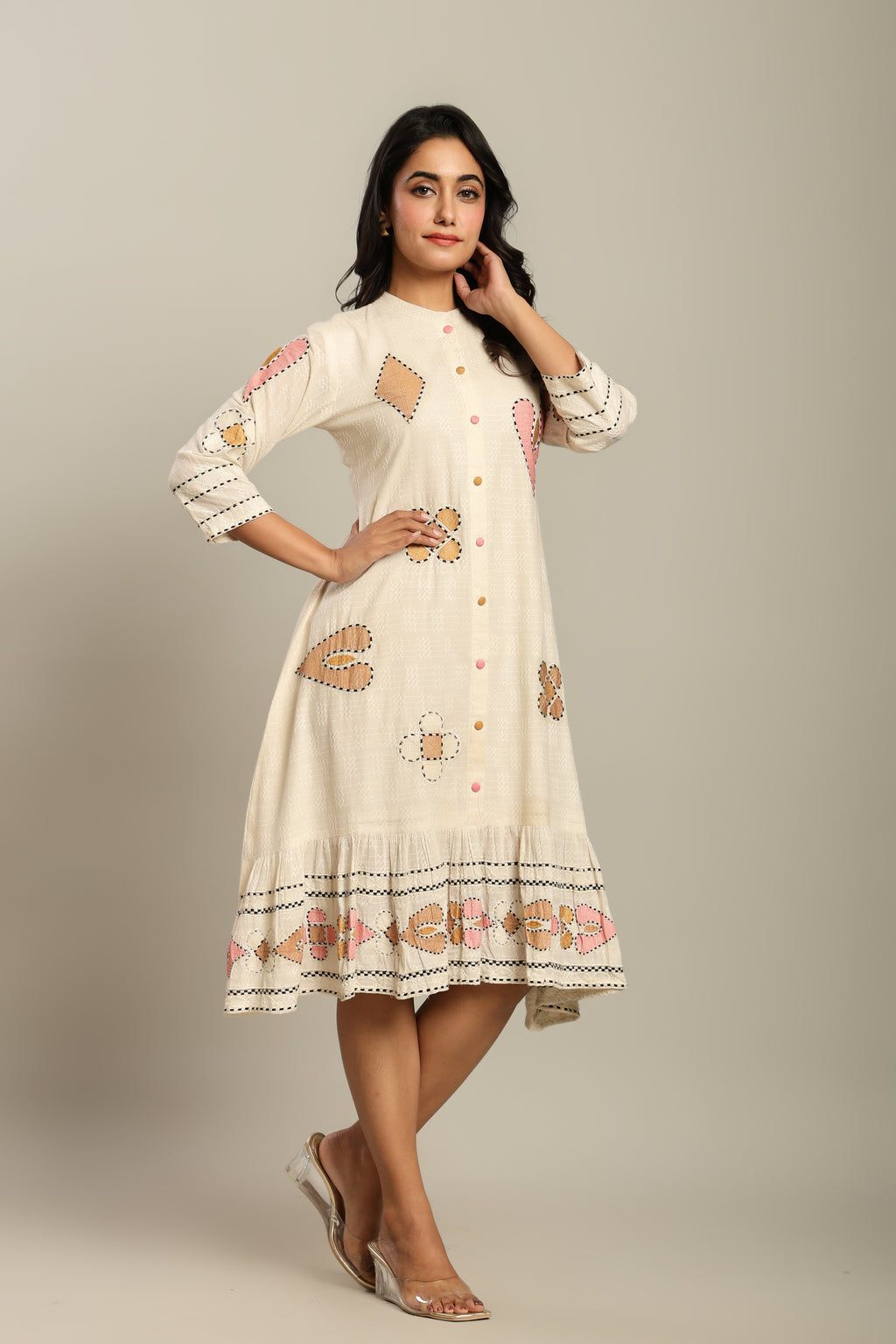 Cotton Off White Geometric Embroidered Midi Dress