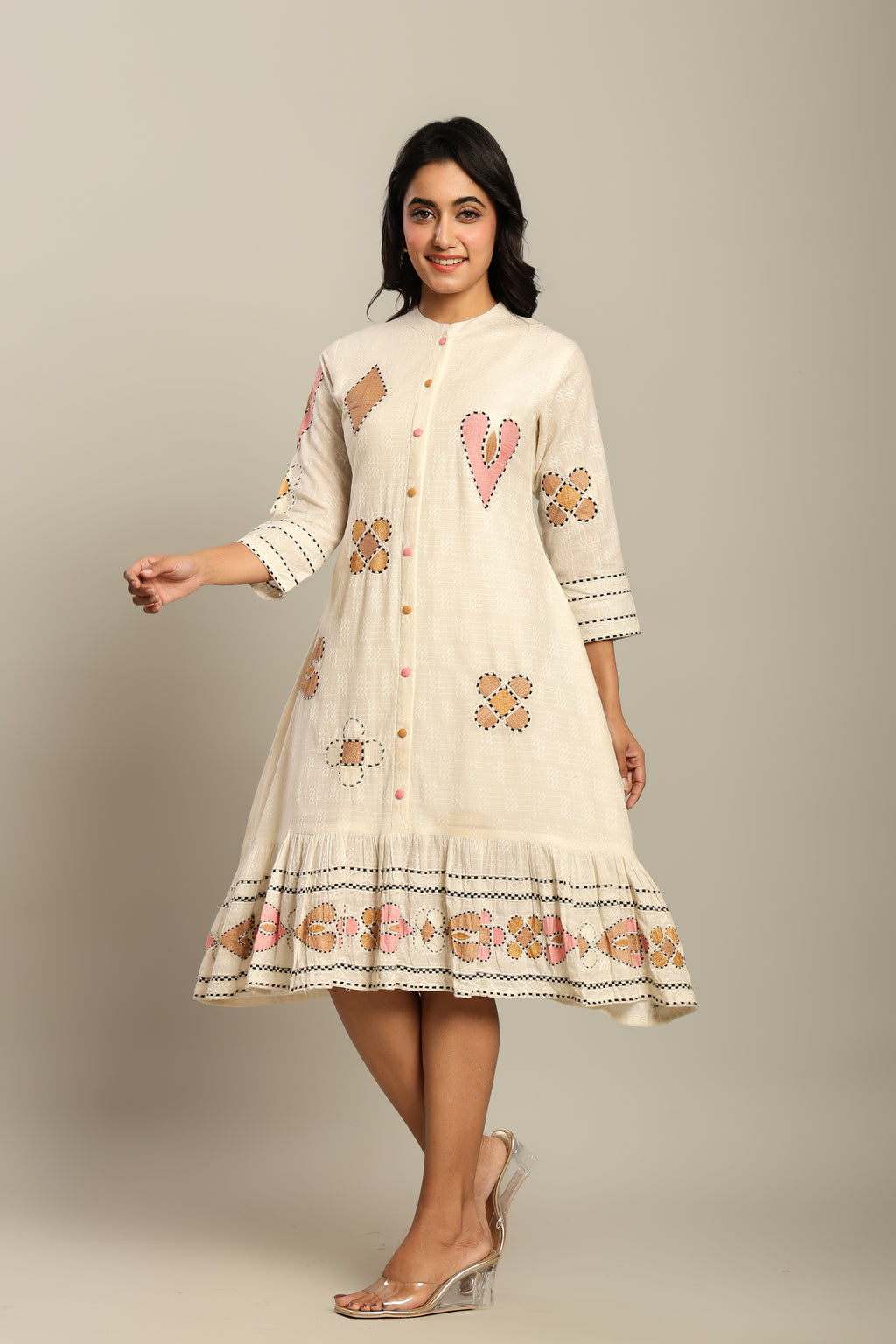 Cotton Off White Geometric Embroidered Midi Dress