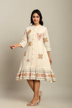 Cotton Off White Geometric Embroidered Midi Dress