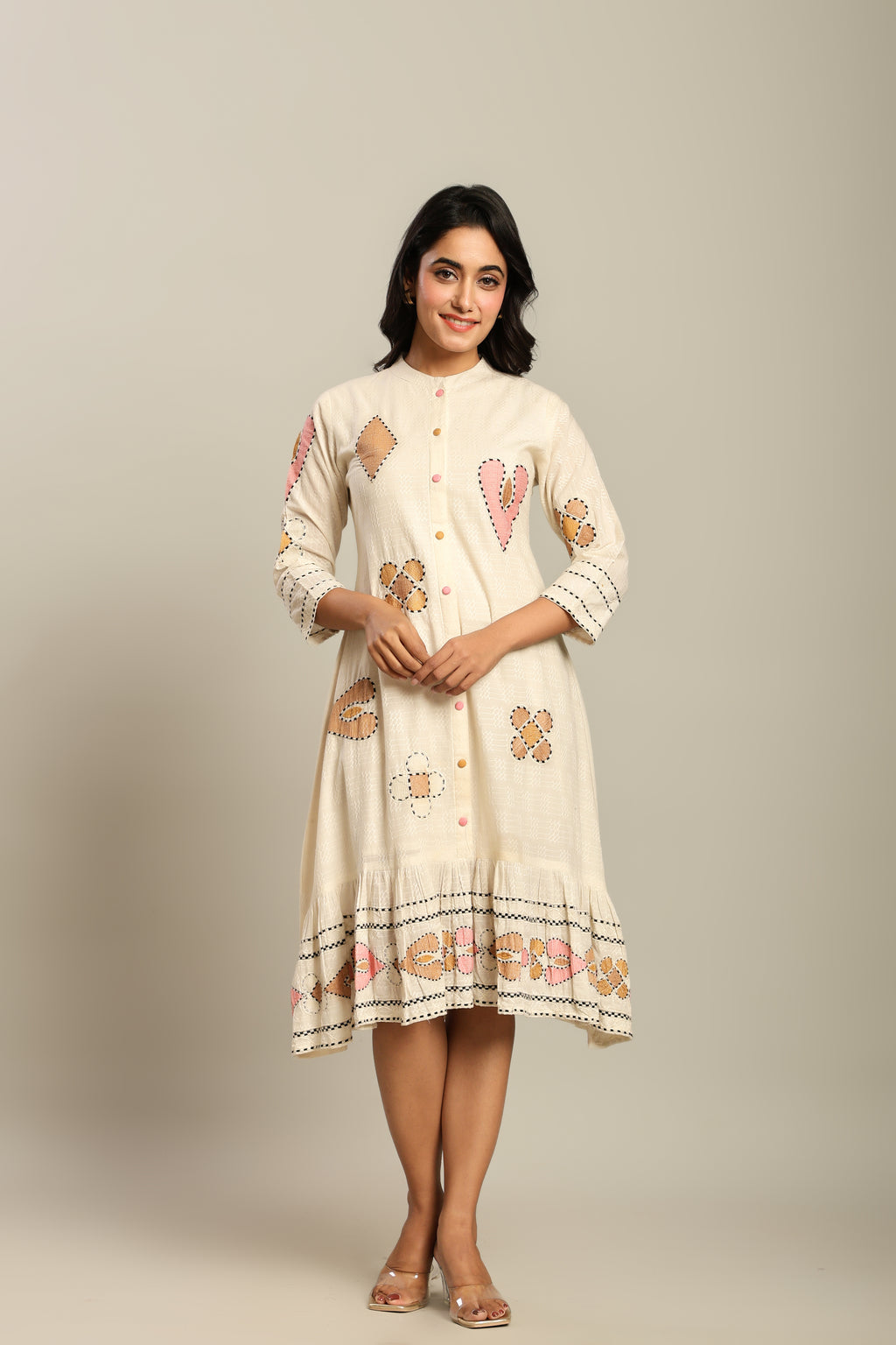 Cotton Off White Geometric Embroidered Midi Dress