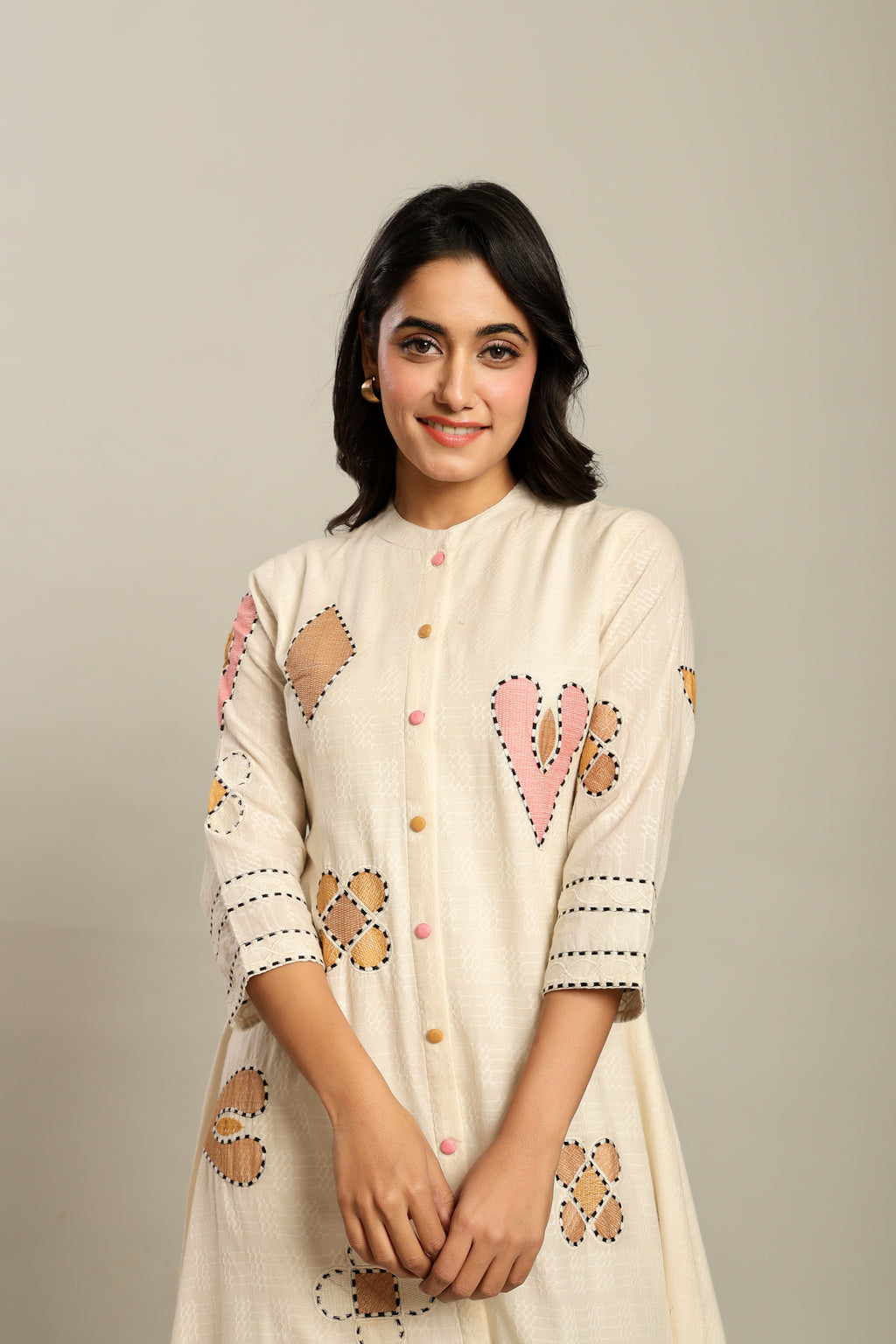 Cotton Off White Geometric Embroidered Midi Dress