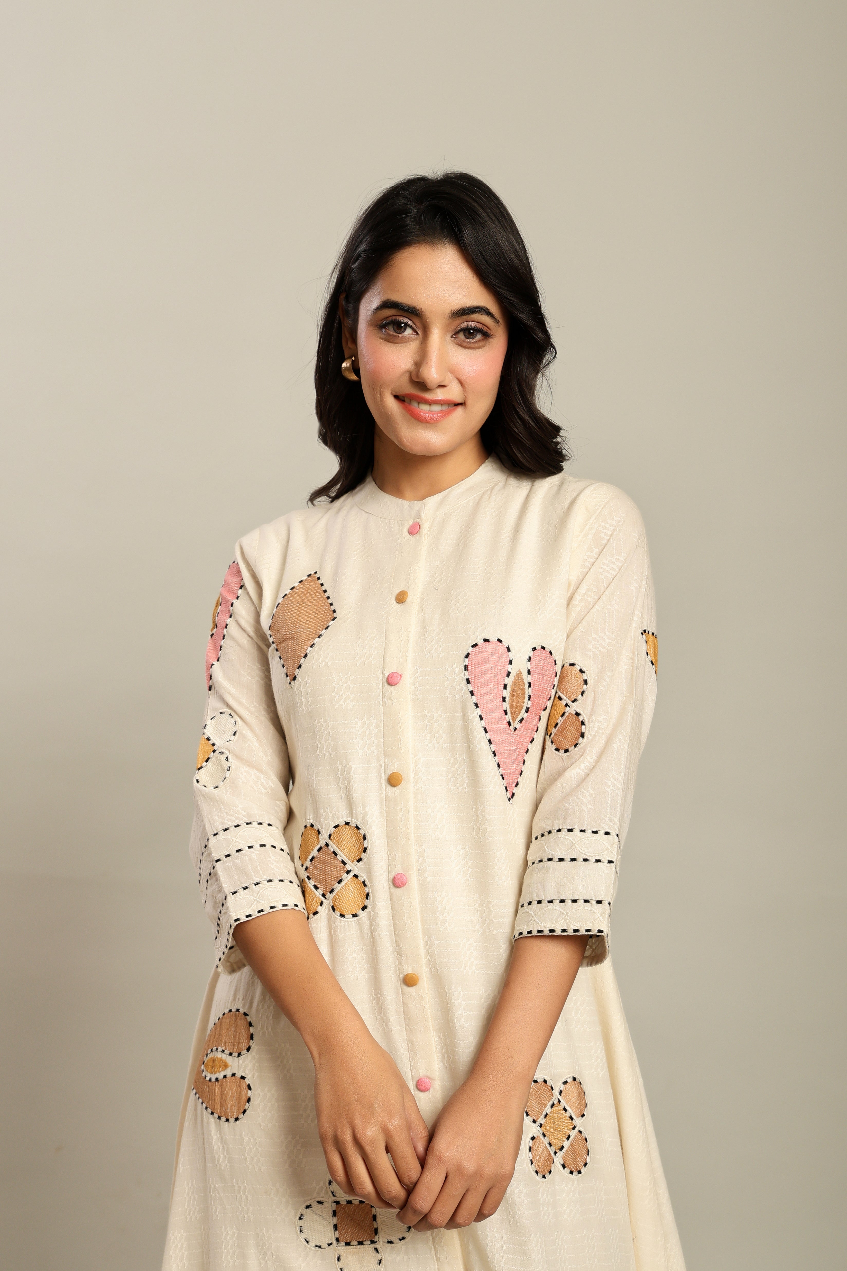 Cotton Off White Geometric Embroidered Midi Dress