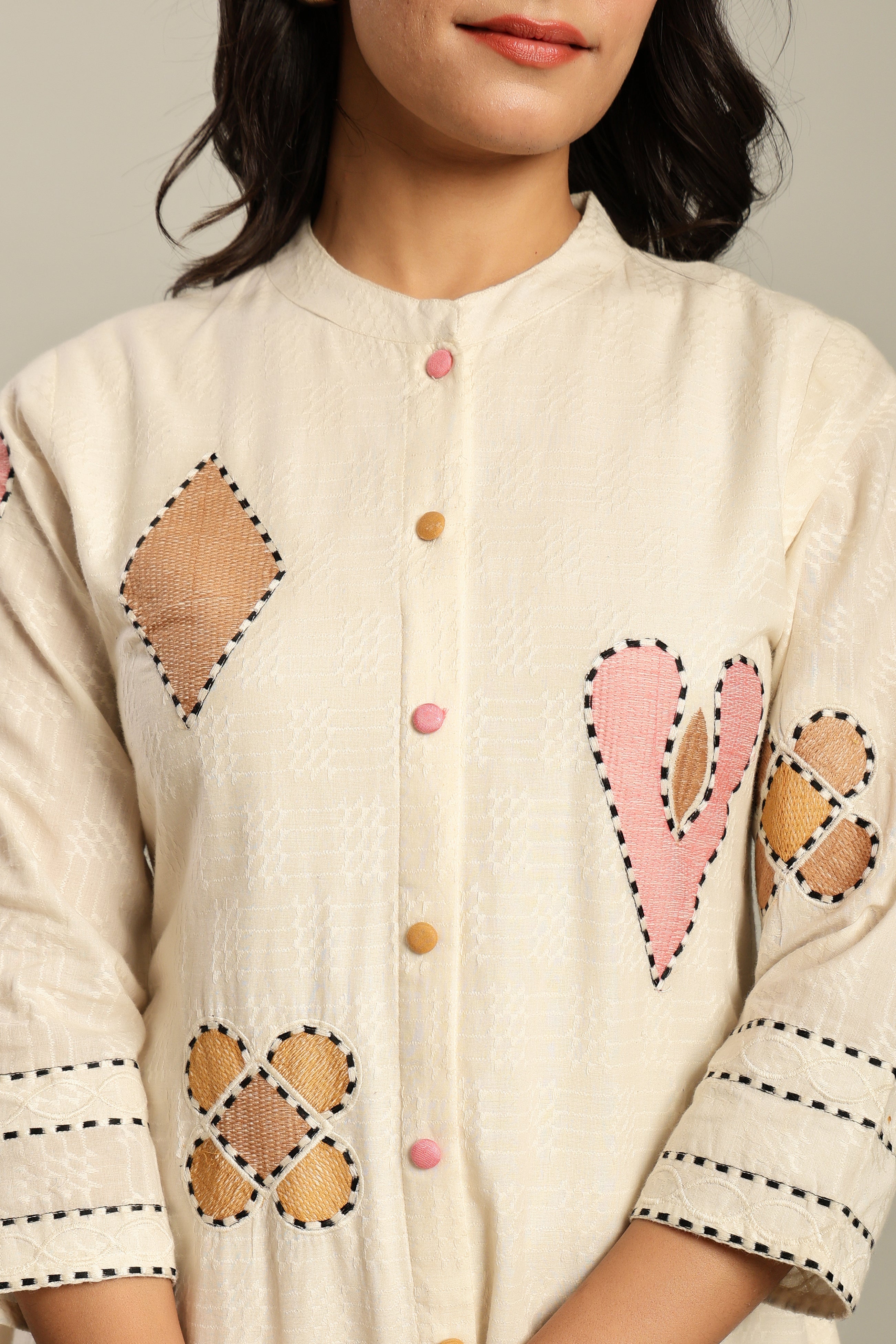 Cotton Off White Geometric Embroidered Midi Dress