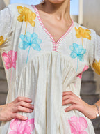 Cotton Floral Embroidered  Puff Sleeve Short Dress