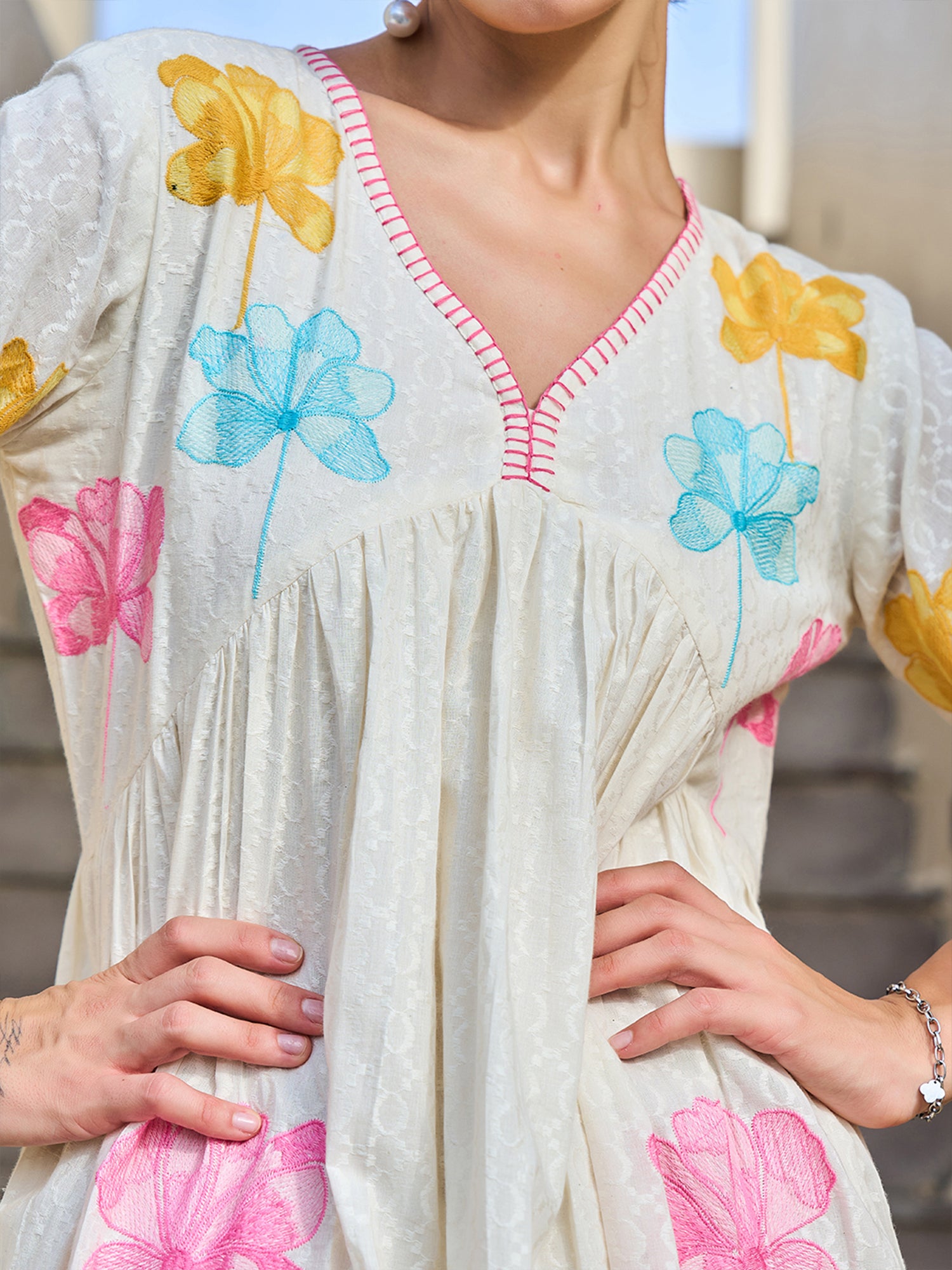 Cotton Floral Embroidered  Puff Sleeve Short Dress