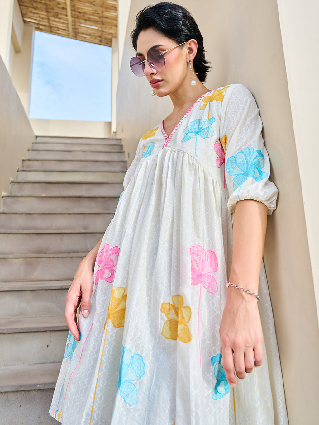 Cotton Floral Embroidered  Puff Sleeve Short Dress