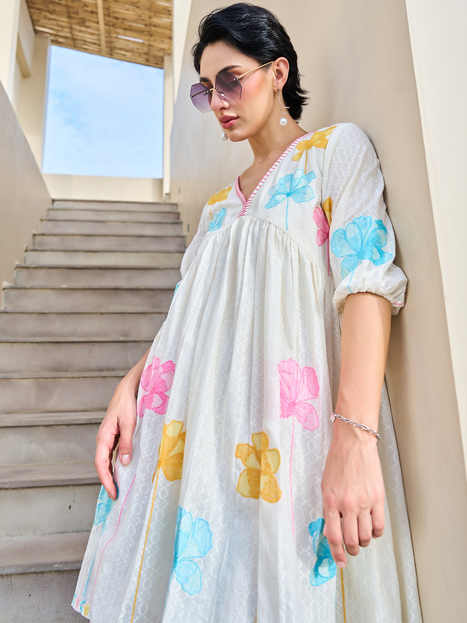 Cotton Floral Embroidered  Puff Sleeve Short Dress