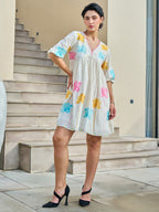 Cotton Floral Embroidered  Puff Sleeve Short Dress