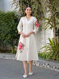 Zummer Off-White Floral Embroidered Cotton Midi Dress for Women