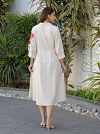 Zummer Off-White Floral Embroidered Cotton Midi Dress for Women
