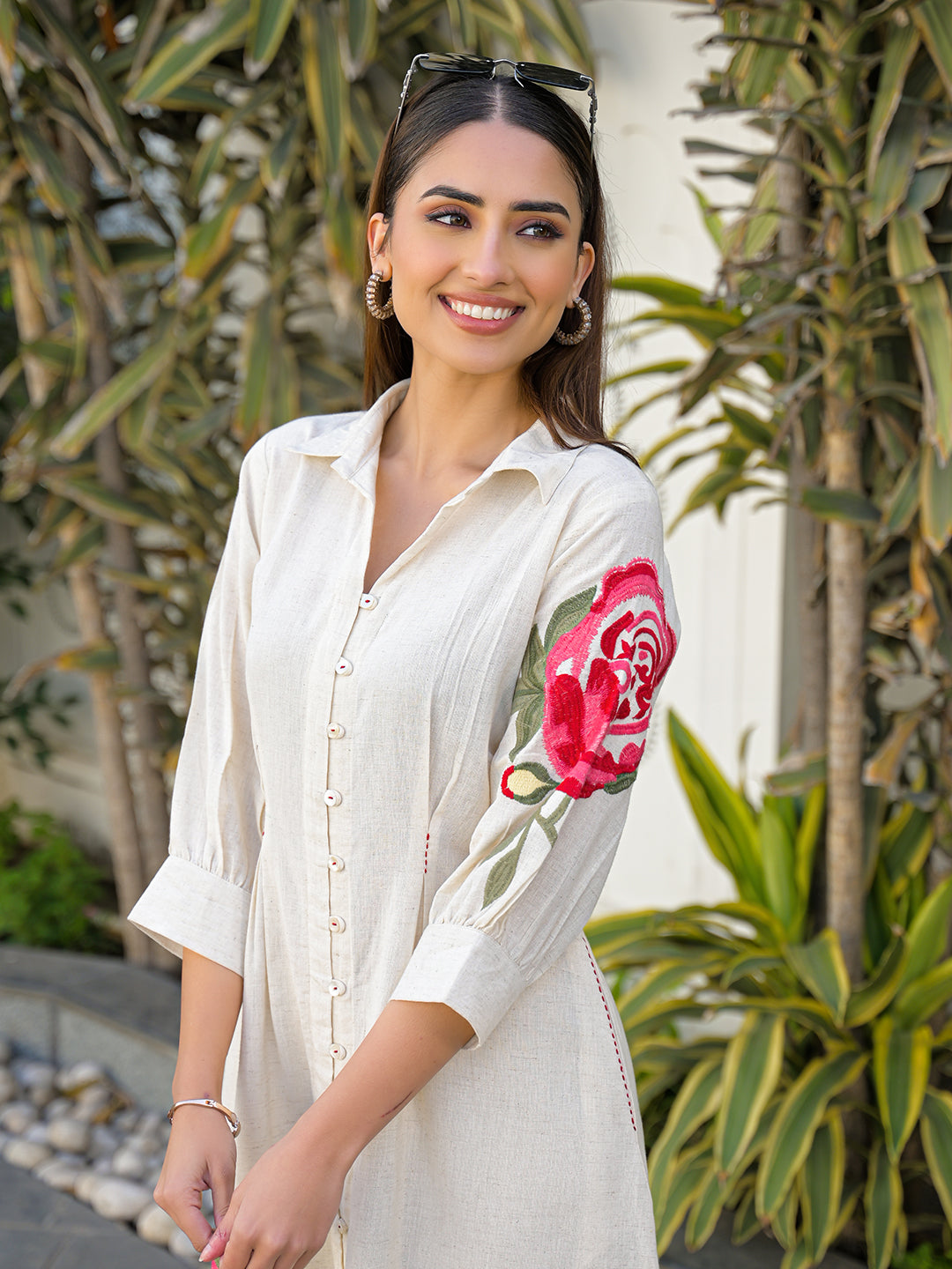 Zummer Off-White Floral Embroidered Cotton Midi Dress for Women