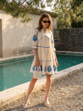 Off White Floral Embroidered Cotton Above-Knee Dress
