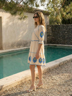 Off White Floral Embroidered Cotton Above-Knee Dress
