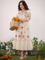 Floral Embroidered Off-White Cotton Midi Dress with Empire Waist