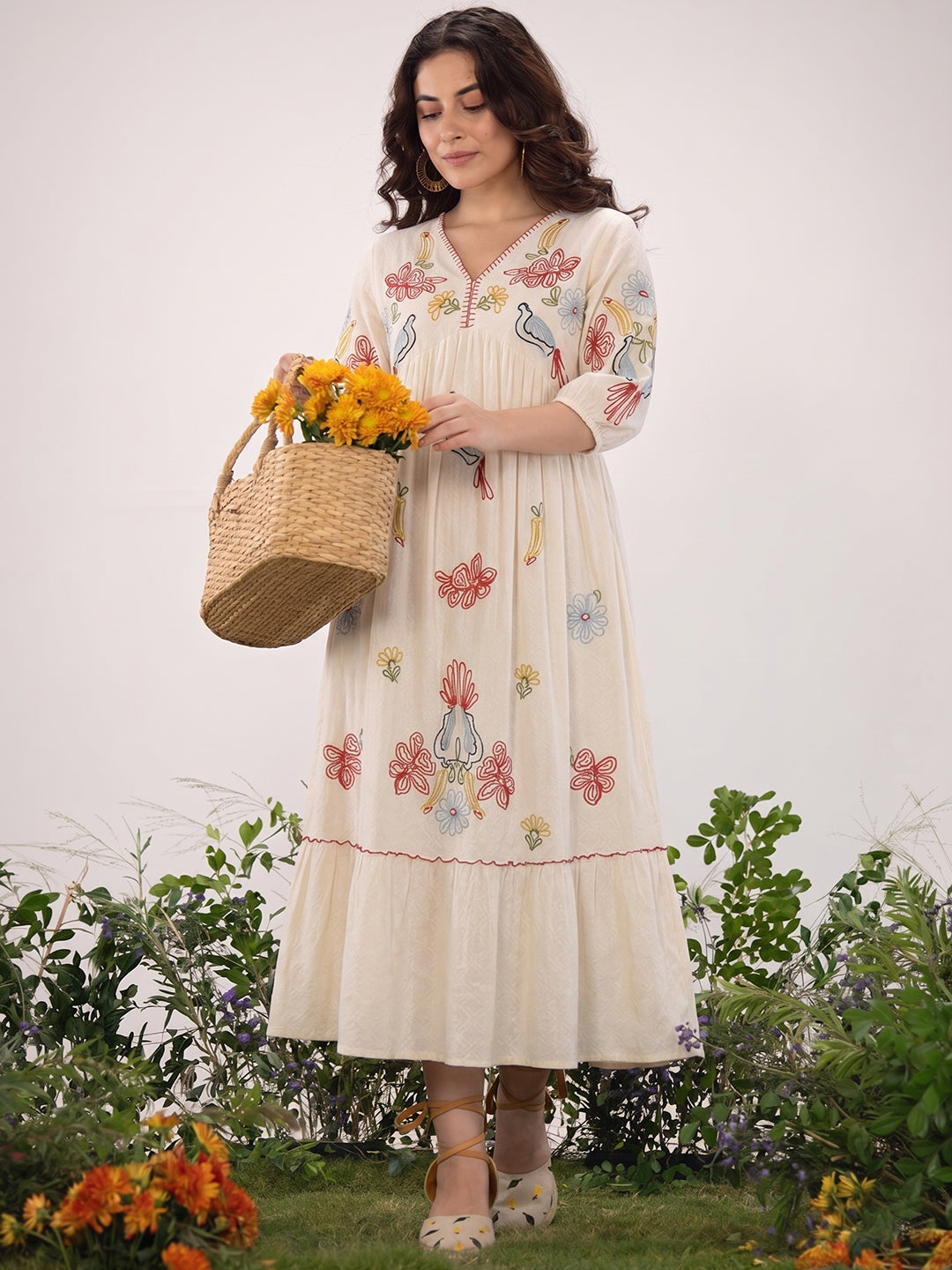 Floral Embroidered Off-White Cotton Midi Dress with Empire Waist