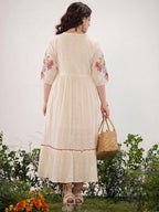 Floral Embroidered Off-White Cotton Midi Dress with Empire Waist