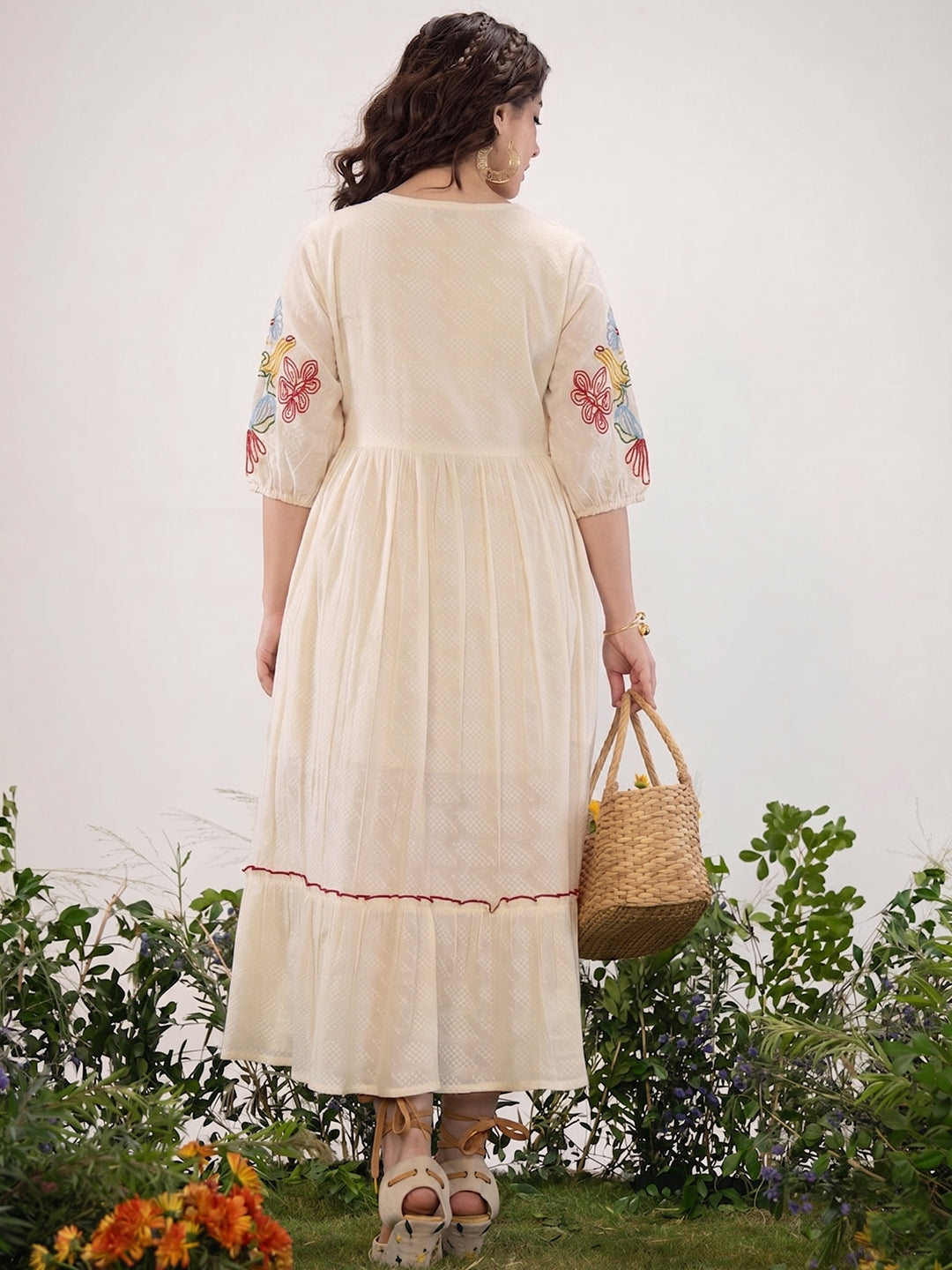 Floral Embroidered Off-White Cotton Midi Dress with Empire Waist
