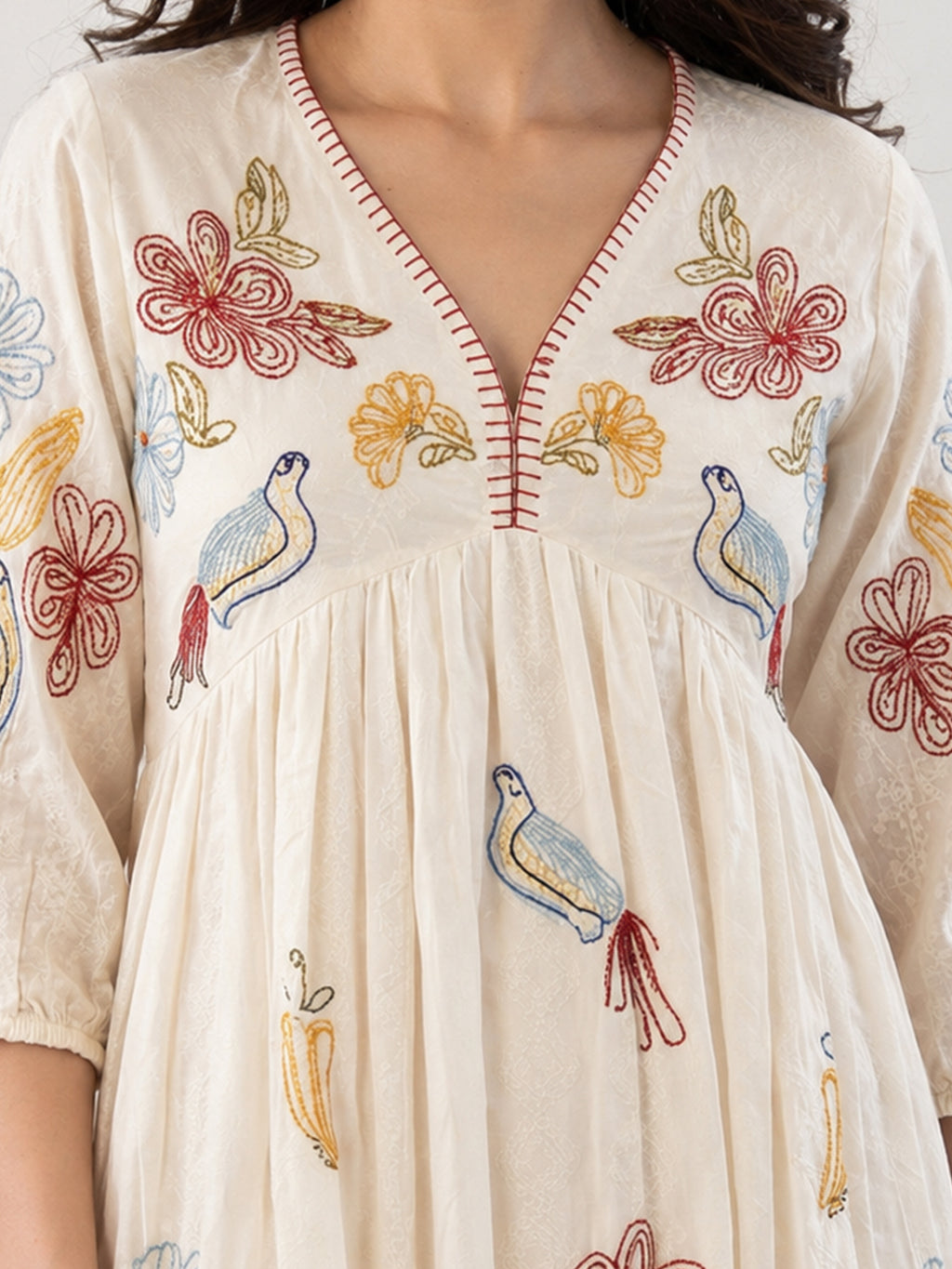 Floral Embroidered Off-White Cotton Midi Dress with Empire Waist