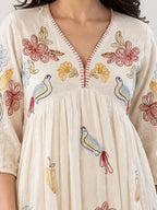 Floral Embroidered Off-White Cotton Midi Dress with Empire Waist