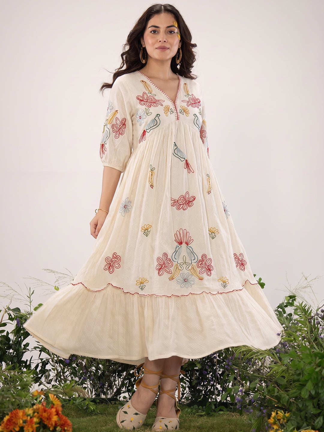 Floral Embroidered Off-White Cotton Midi Dress with Empire Waist