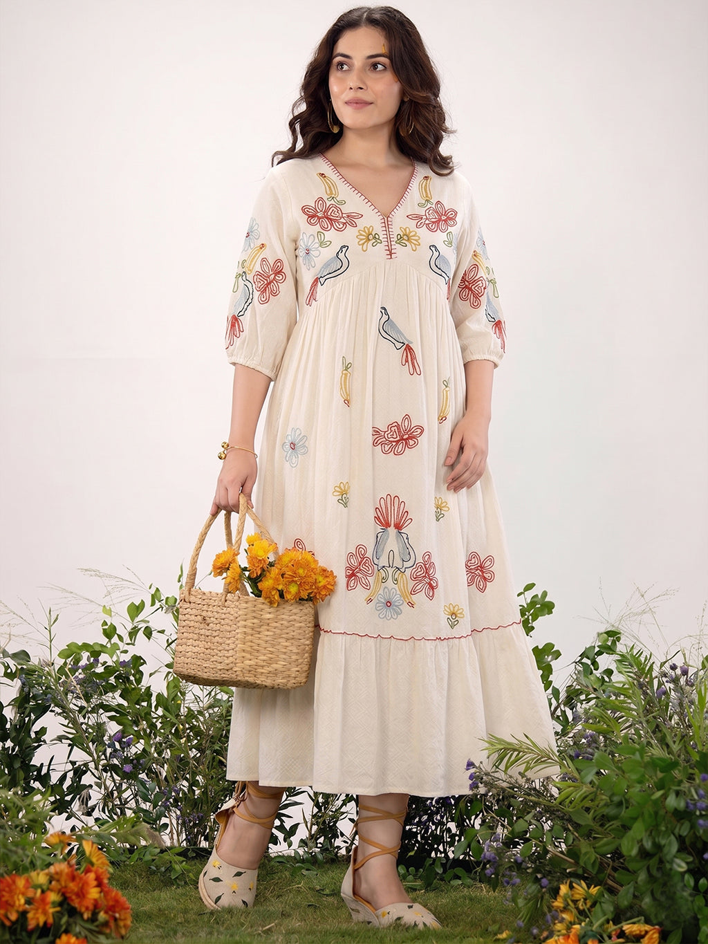 Floral Embroidered Off-White Cotton Midi Dress with Empire Waist