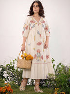Floral Embroidered Off-White Cotton Midi Dress with Empire Waist