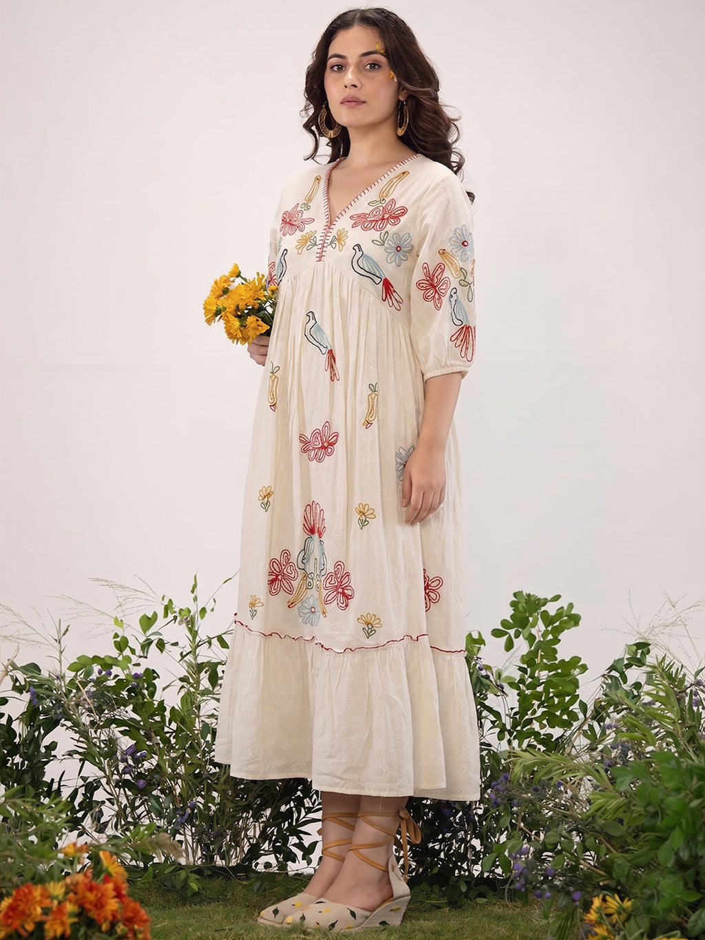 Floral Embroidered Off-White Cotton Midi Dress with Empire Waist