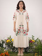 Off-White Multicolour Embroidered Cotton Midi Dress