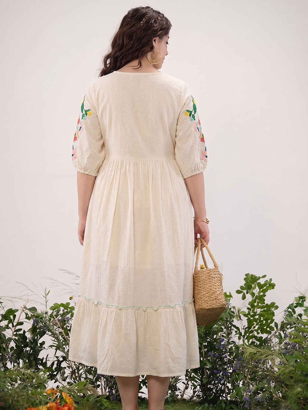 Off-White Multicolour Embroidered Cotton Midi Dress