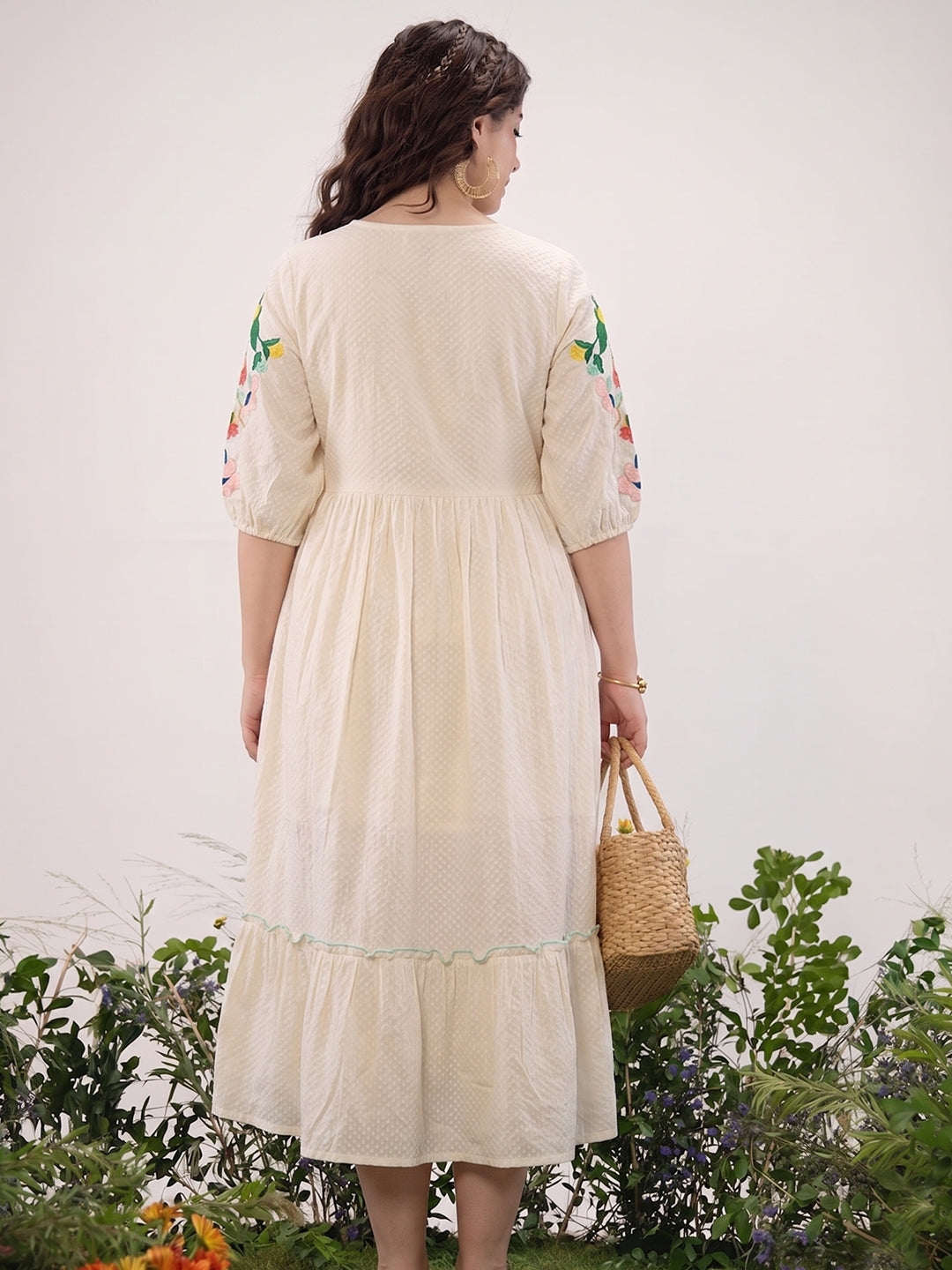 Off-White Multicolour Embroidered Cotton Midi Dress