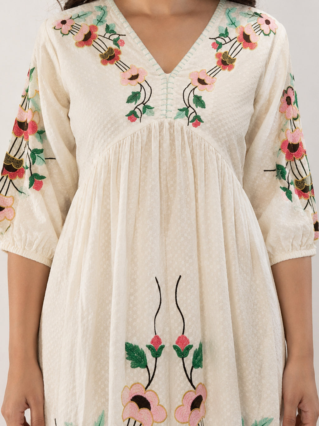 Off-White Multicolour Embroidered Cotton Midi Dress
