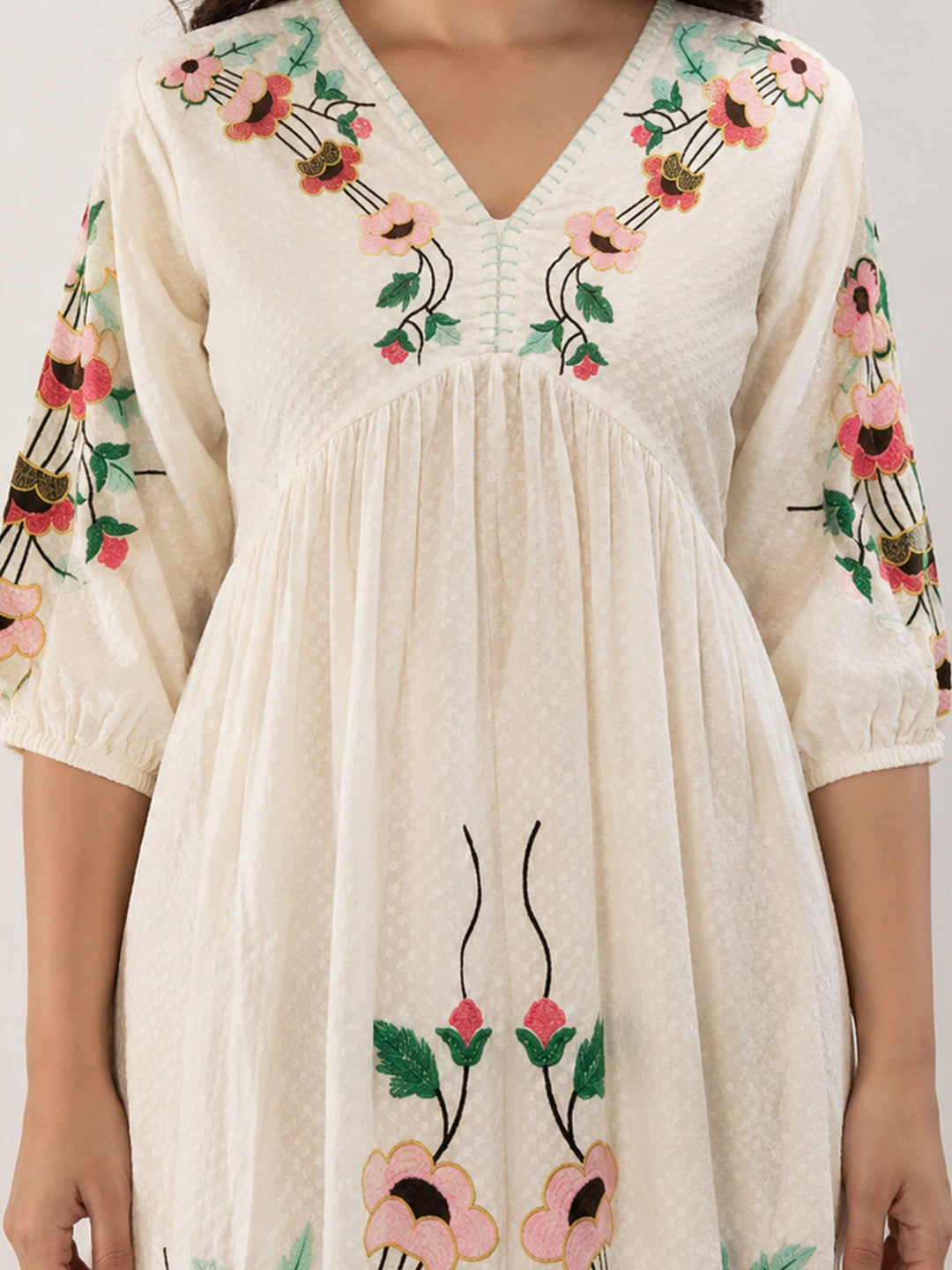 Off-White Multicolour Embroidered Cotton Midi Dress