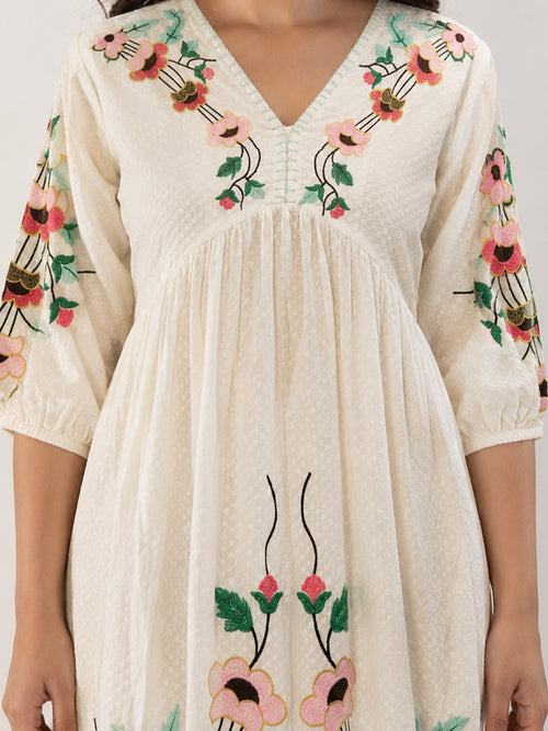 Off-White Multicolour Embroidered Cotton Midi Dress