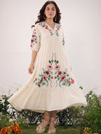 Off-White Multicolour Embroidered Cotton Midi Dress